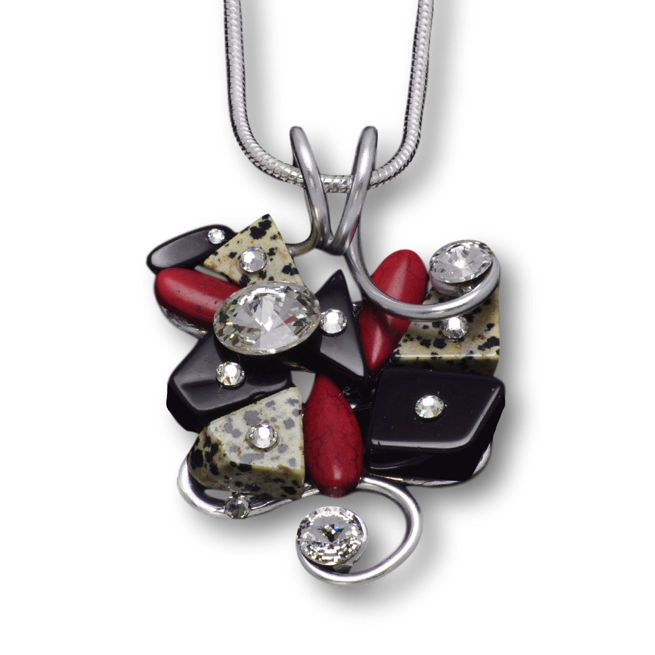Dalmation/Red Stone/Black Stone/Crystal Wire Pendant