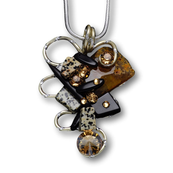 Dalmation Jasper/Black Stone/Crystal Gold Diamond-Cut Wire Pendant