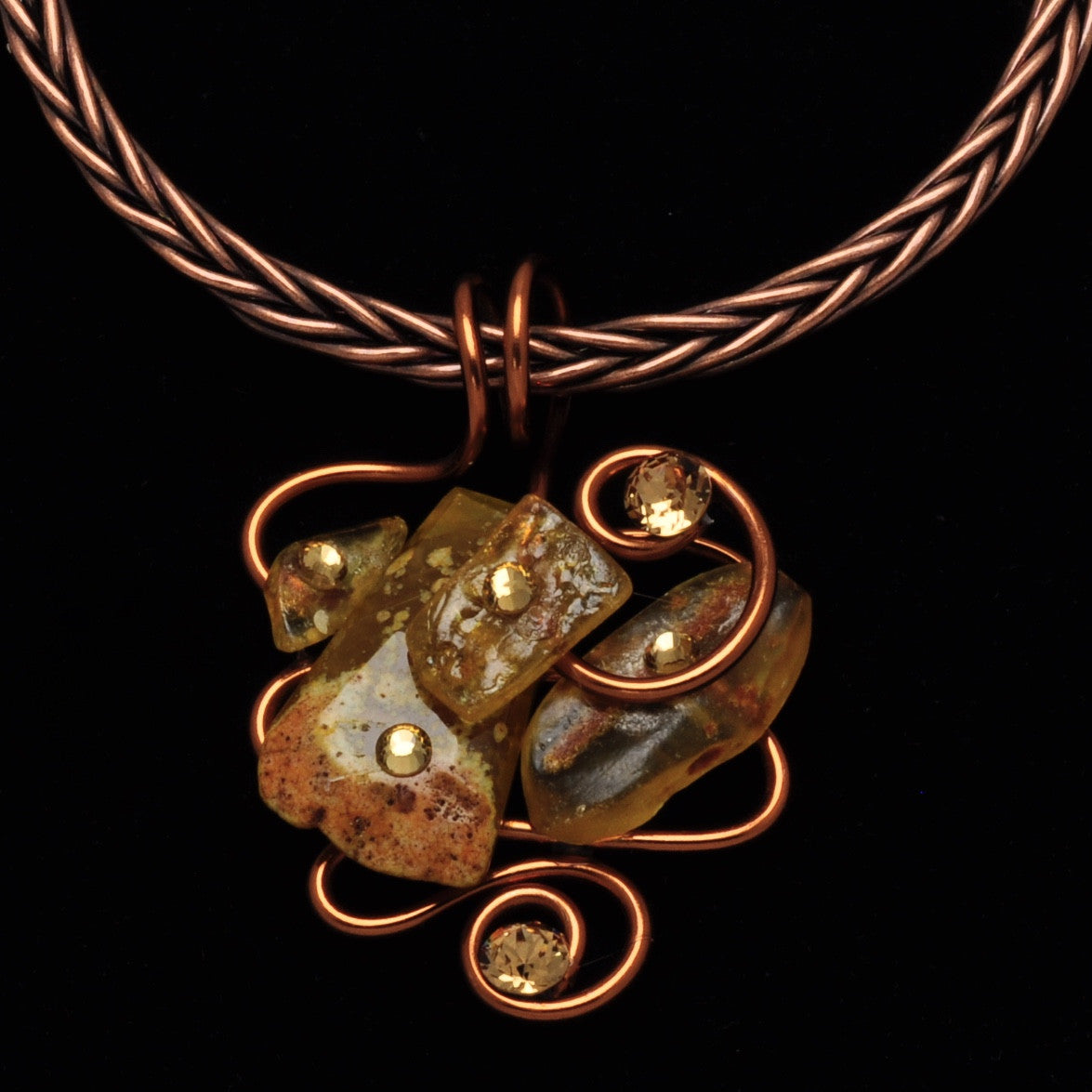 Amber Stone/Crystal Copper Wire Pendant