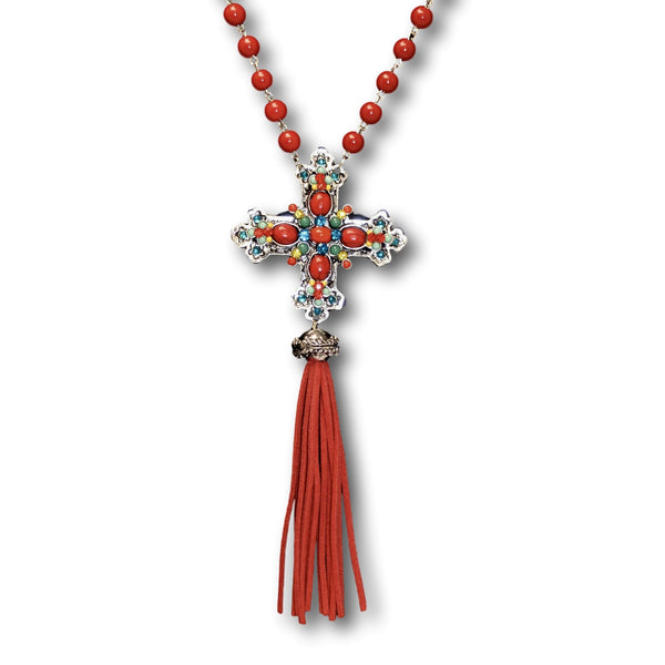 Multicolor Bead/Crystal Cross Necklace