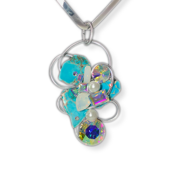 Turquoise Stone / Multicolor Crystal Wire Pendant