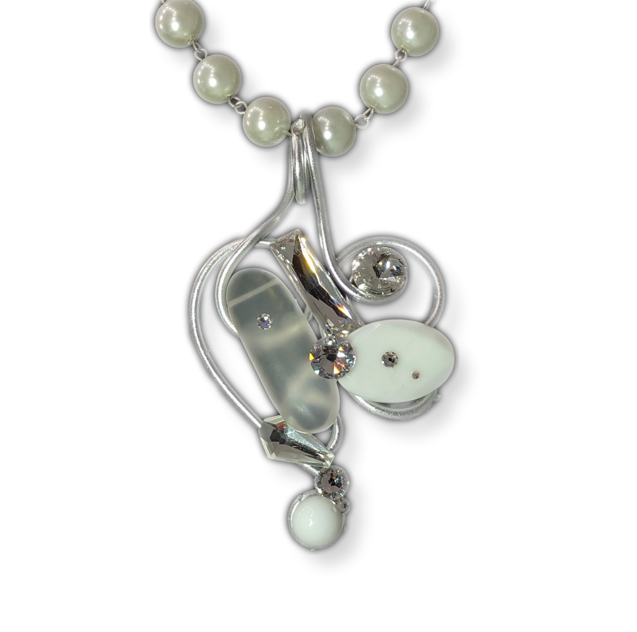 Silver Wire Pendant on Beaded Pearl Necklace
